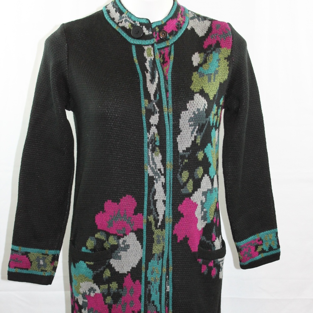 J. Jill Duster Full Length Sweater Black Floral